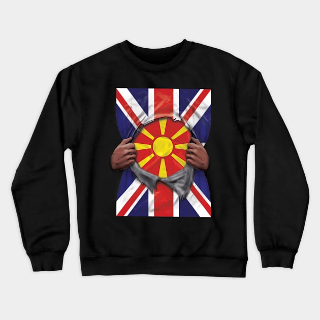 Macedonia Flag Great Britain Flag Ripped - Gift for Macedonian From Macedonia Crewneck Sweatshirt by Country Flags